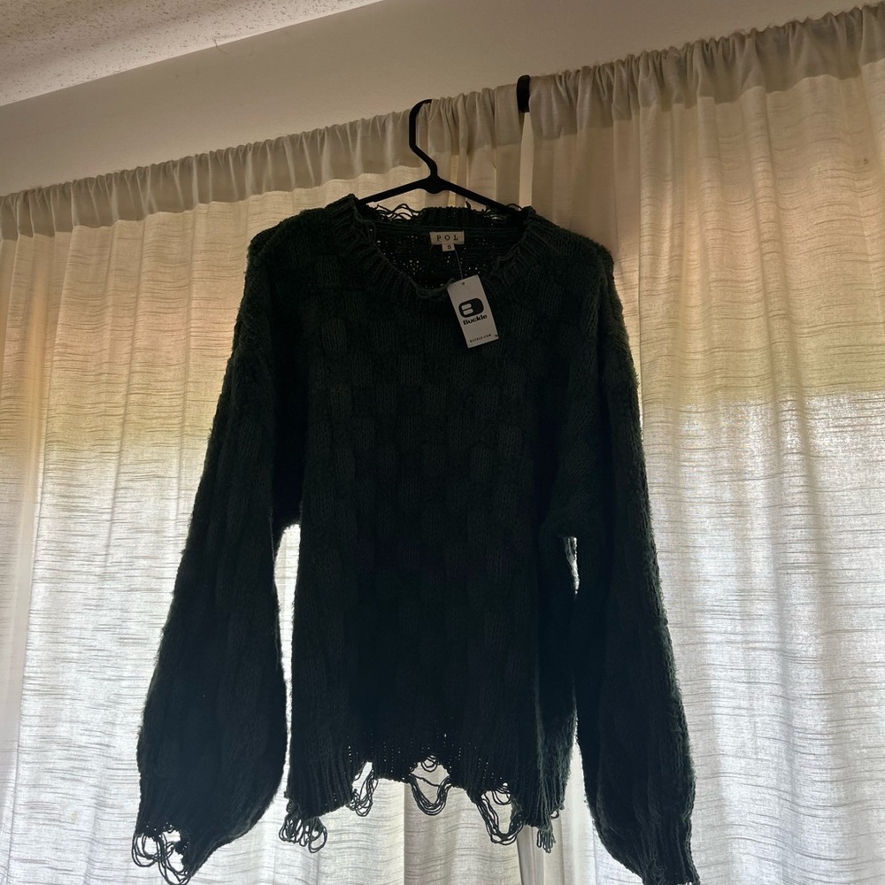 Buckle Green Crew Neck Sweater Plush Knit - Picture 6 of 7